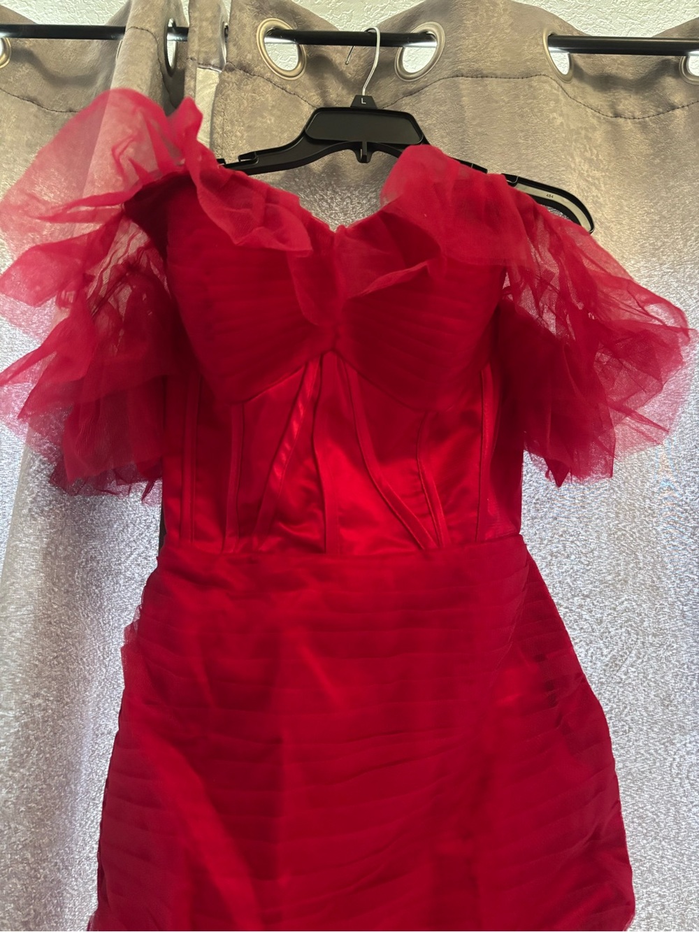 Red Tulle Ruffle Off-Shoulder Gown - Picture 3 of 6